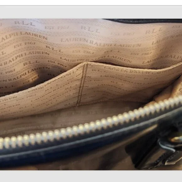 LRL RALPH LAUREN GLAZED LEATHER SATCHEL HAND BAG with GOLD Logo HARDWARE - Picture 9 of 16